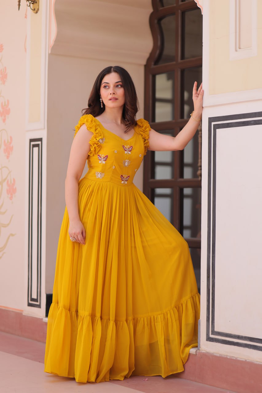 Yellow Faux Blooming With Sequins Embroidered Work Sleevesless Gown