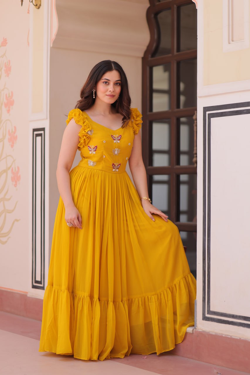 Yellow Faux Blooming With Sequins Embroidered Work Sleevesless Gown