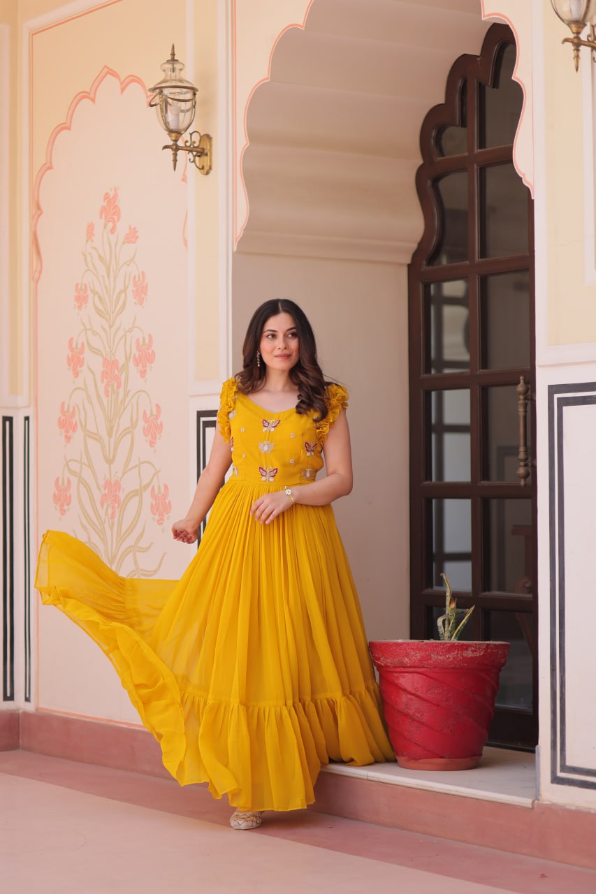 Yellow Faux Blooming With Sequins Embroidered Work Sleevesless Gown