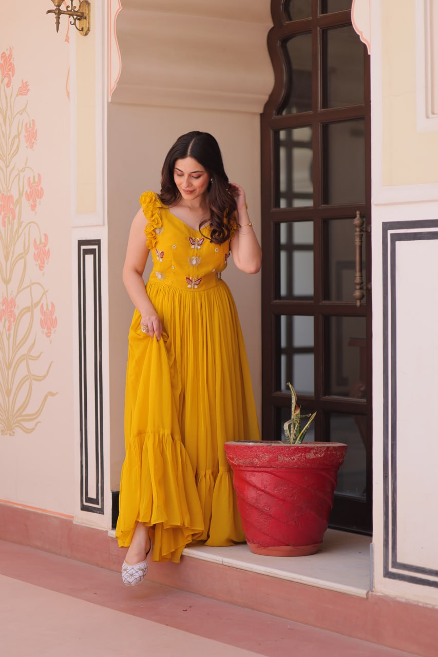 Yellow Faux Blooming With Sequins Embroidered Work Sleevesless Gown