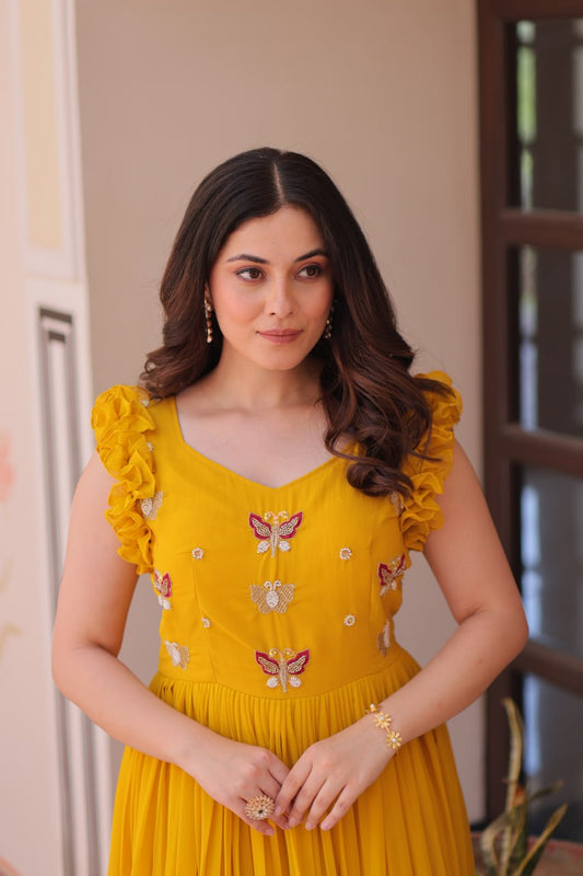 Yellow Faux Blooming With Sequins Embroidered Work Sleevesless Gown