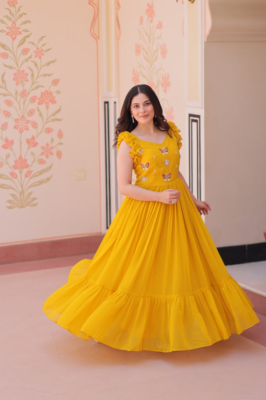 Yellow Faux Blooming With Sequins Embroidered Work Sleevesless Gown