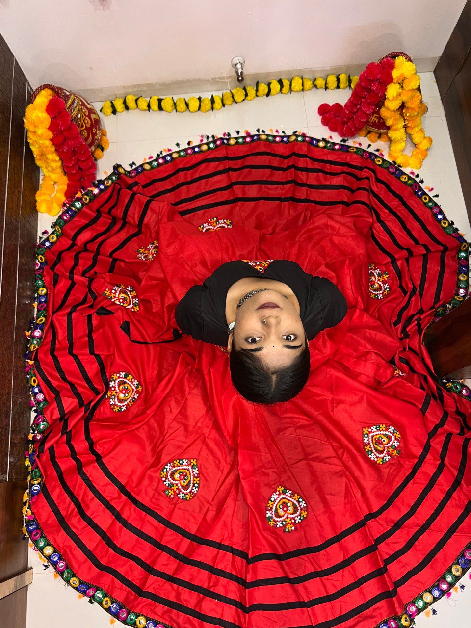 Red Black Cotton Silk Gamthi Work Butta Lace Work Navratri Lehenga Choli
