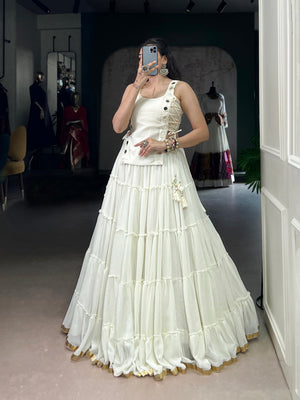 Off-white designer Navratri lehenga choli feather-light tiered flare with mirror work