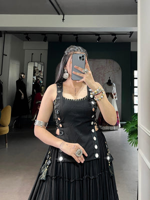 Designer black chaniya choli with multi-tiered ruffled skirt and lace-up choli