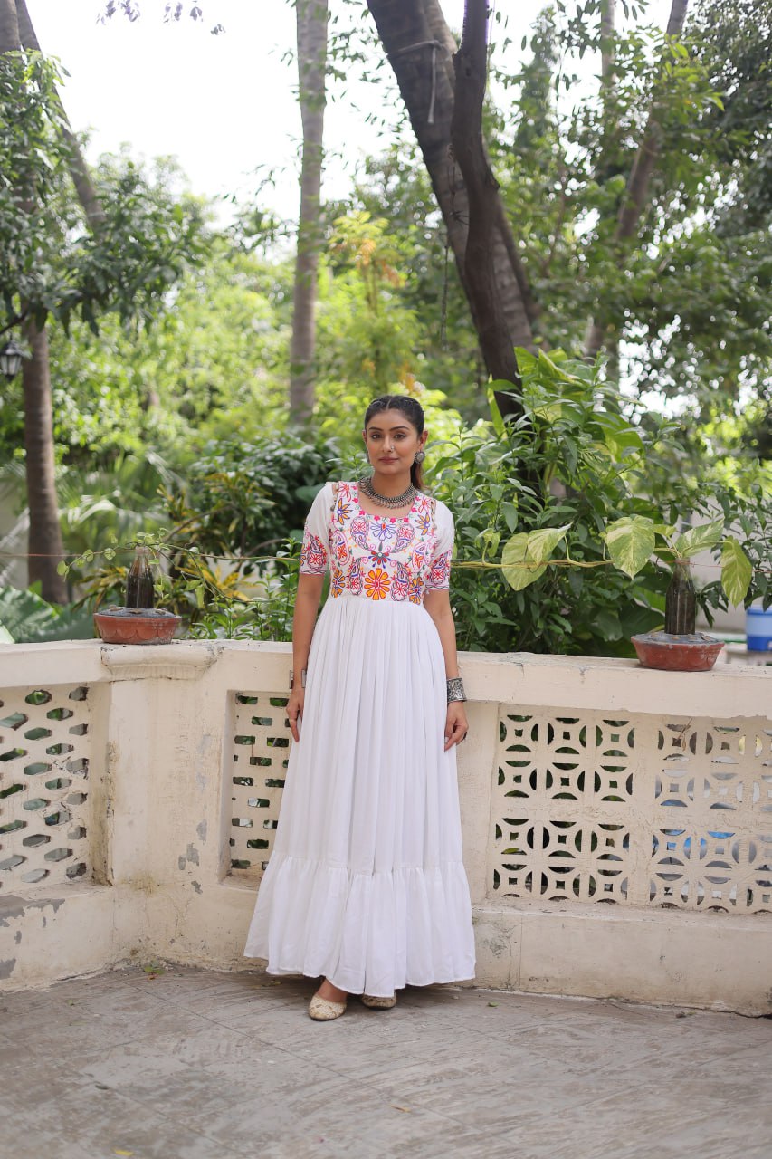 White Reyon Kutchi Gamthi Embroidered Thread Work Navratri Gown