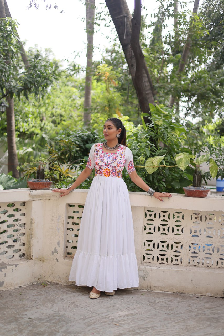White Reyon Kutchi Gamthi Embroidered Thread Work Navratri Gown