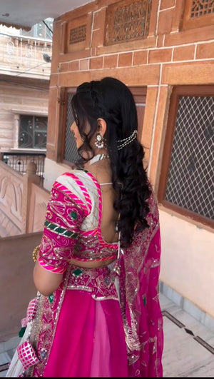 Designer Navratri chaniya choli with heavy embroidered pink blouse and mirror work