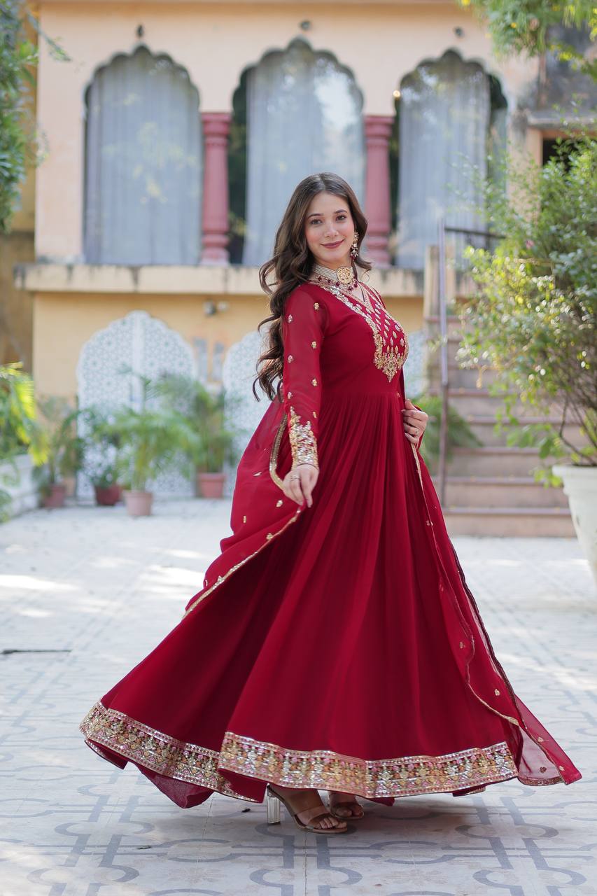 Maroon Faux Blooming Georgette With Rich Sequins Embroidered Work Gown