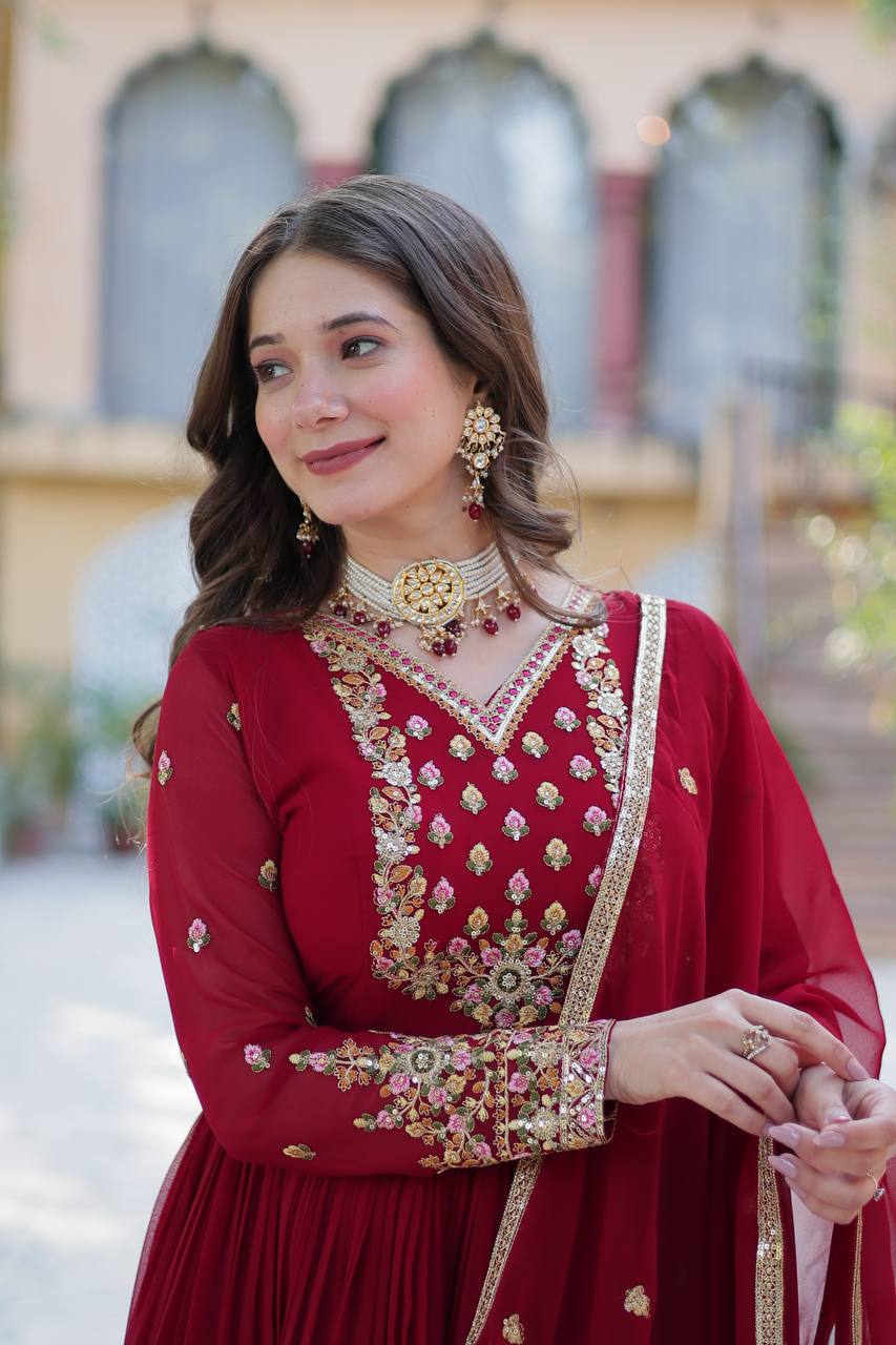 Maroon Faux Blooming Georgette With Rich Sequins Embroidered Work Gown