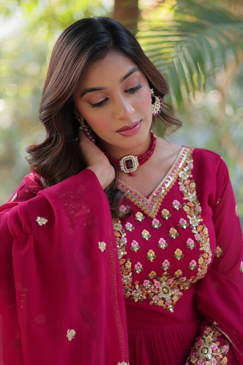 Pink Faux Blooming Georgette With Rich Sequins Embroidered Work Gown