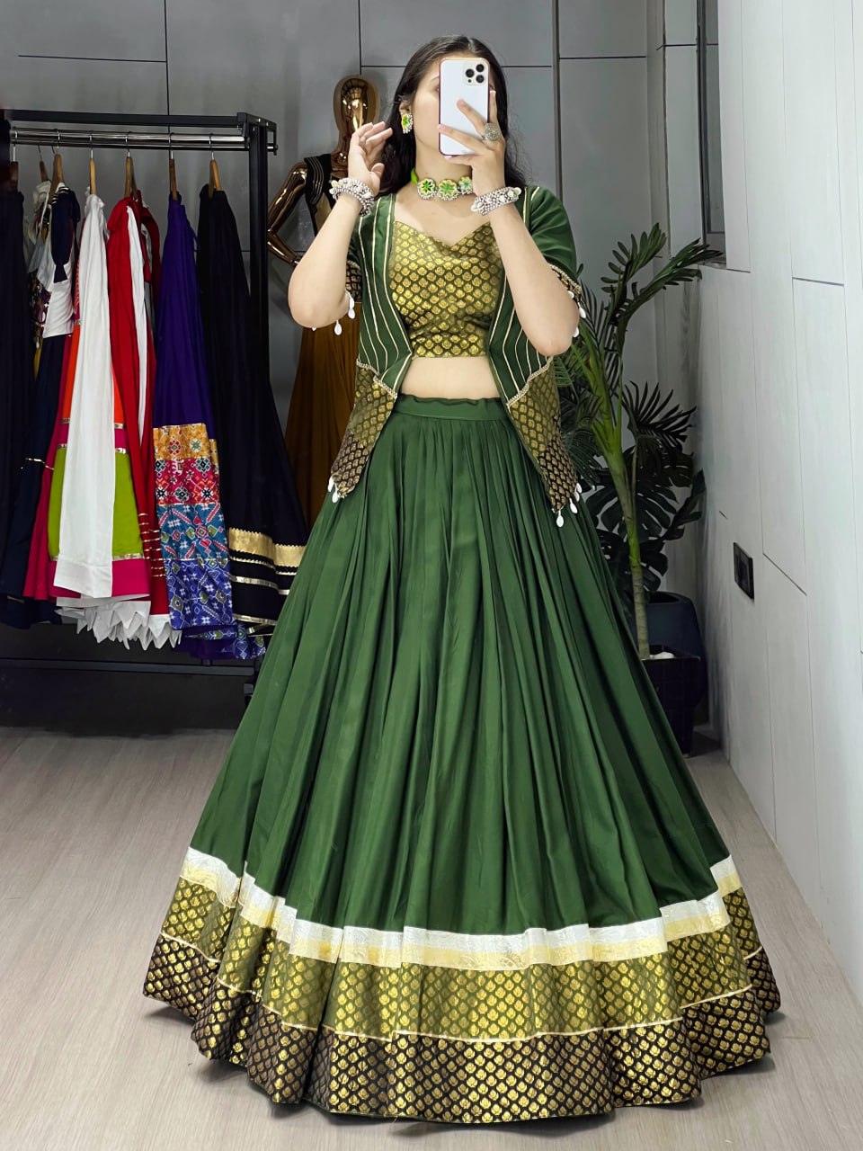 Mehandi Pure Rayon Cotton Plain With Silk Butti Daaman Navratri Lehenga Choli