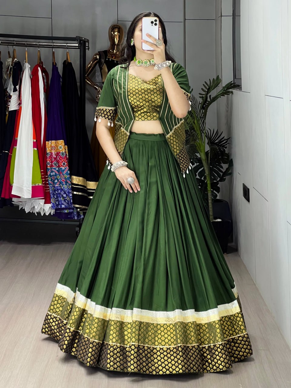 Mehandi Pure Rayon Cotton Plain With Silk Butti Daaman Navratri Lehenga Choli