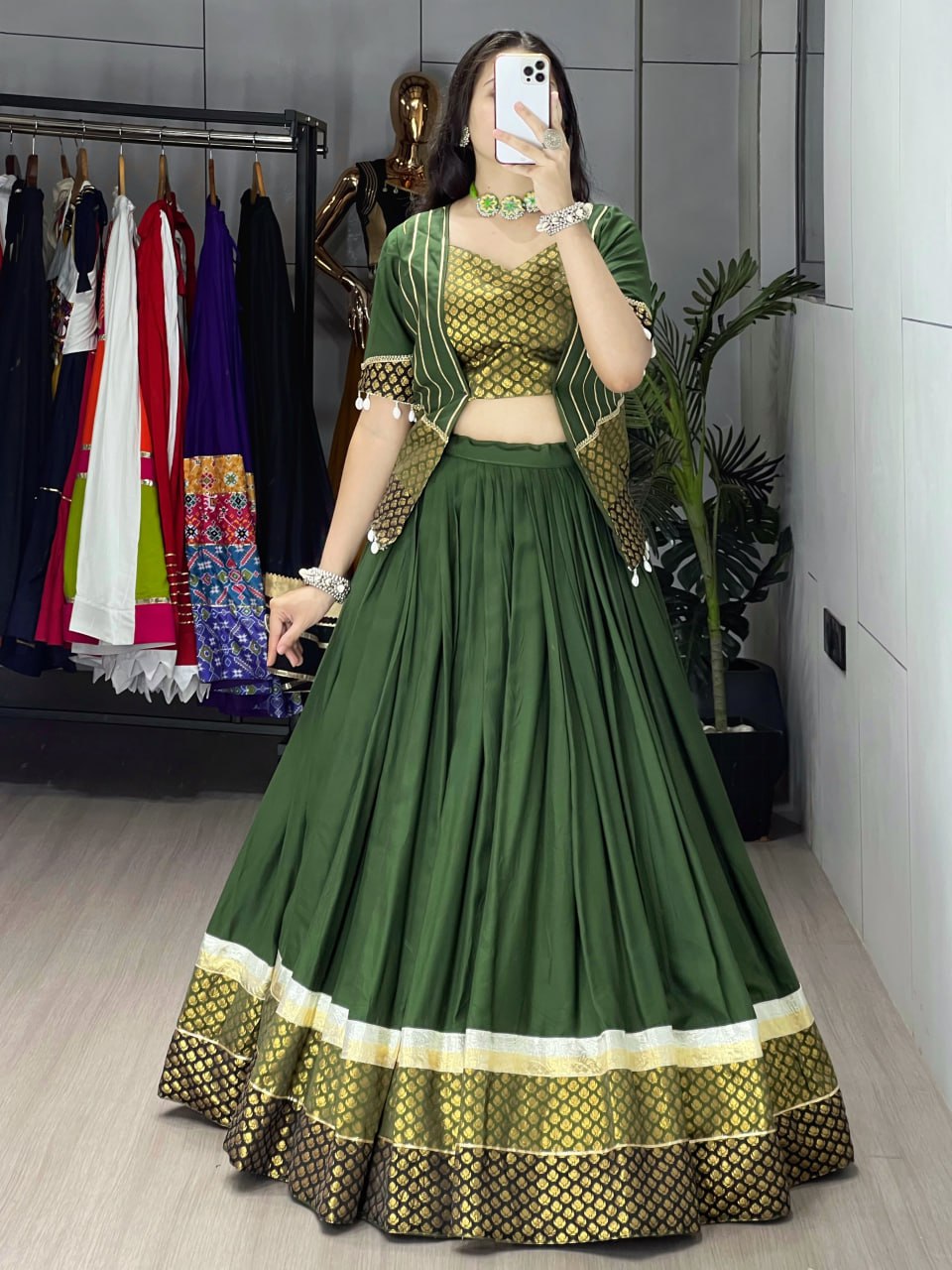 Mehandi Pure Rayon Cotton Plain With Silk Butti Daaman Navratri Lehenga Choli