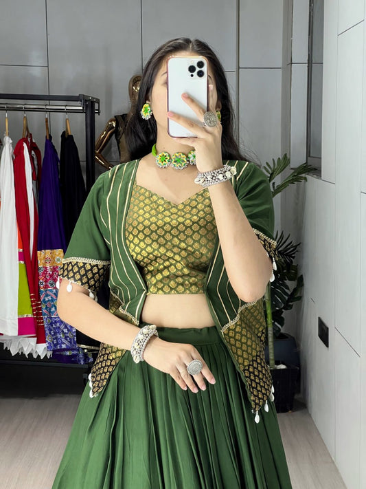 Mehandi Pure Rayon Cotton Plain With Silk Butti Daaman Navratri Lehenga Choli