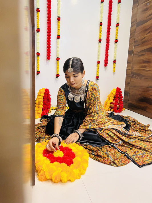 Black Pure Reyon Silk Printed With Mirror Lace Work Navratri Lehenga Choli