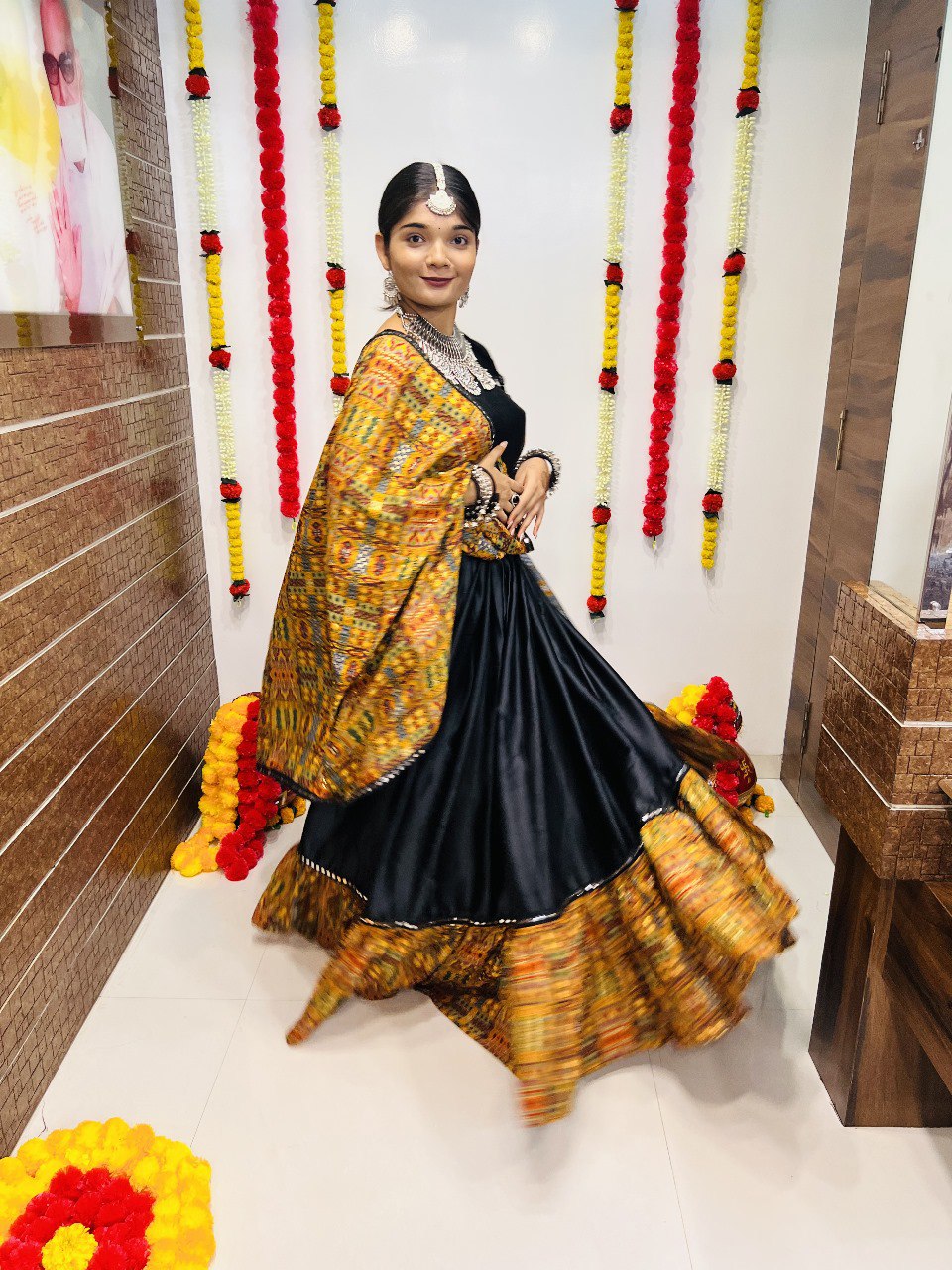Black Pure Reyon Silk Printed With Mirror Lace Work Navratri Lehenga Choli