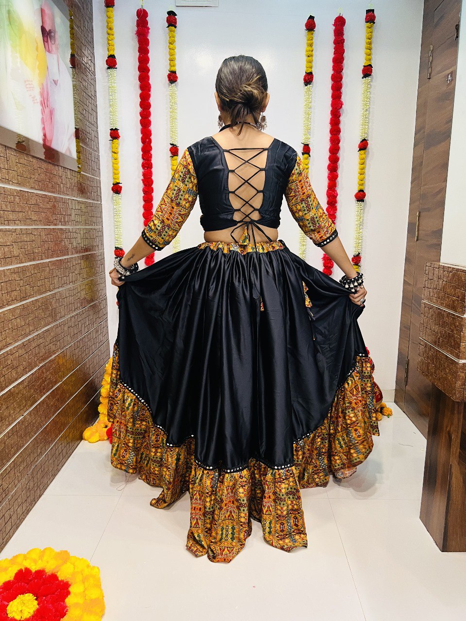 Black Pure Reyon Silk Printed With Mirror Lace Work Navratri Lehenga Choli