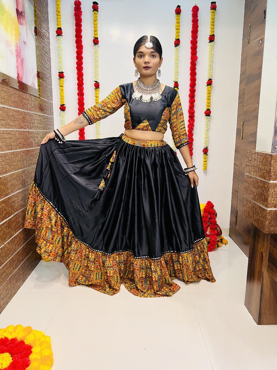 Black Pure Reyon Silk Printed With Mirror Lace Work Navratri Lehenga Choli