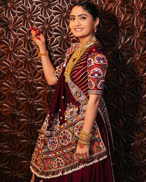 Double layer flared garba lehenga maroon mirror embroidered