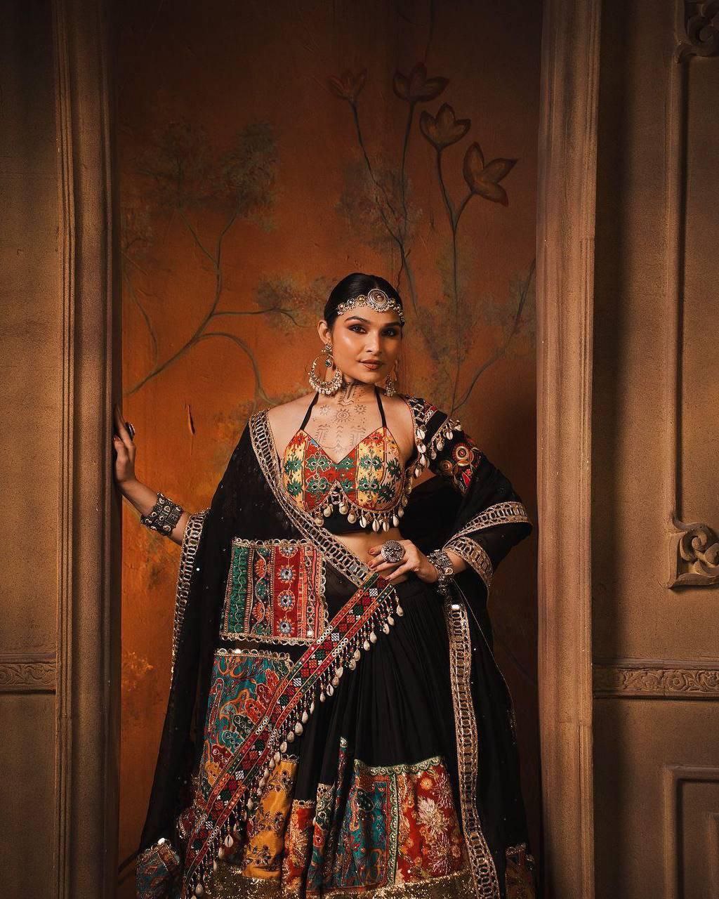 Black Digital Print Real Mirror Work Navratri Lehenga Choli