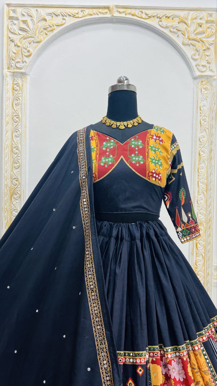 Black Digital Print Real Mirror Work Navratri Lehenga Choli