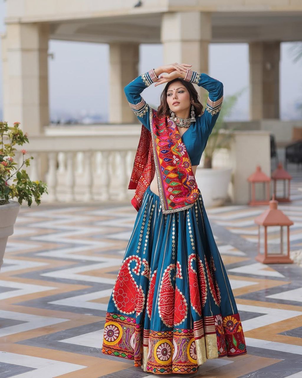 Blue Digital Print Real Mirror Work Navratri Lehenga Choli