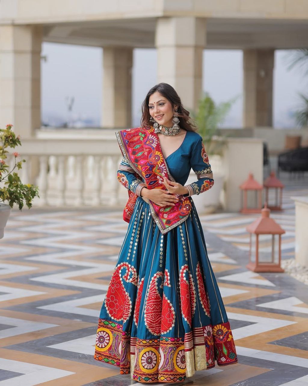Blue Digital Print Real Mirror Work Navratri Lehenga Choli