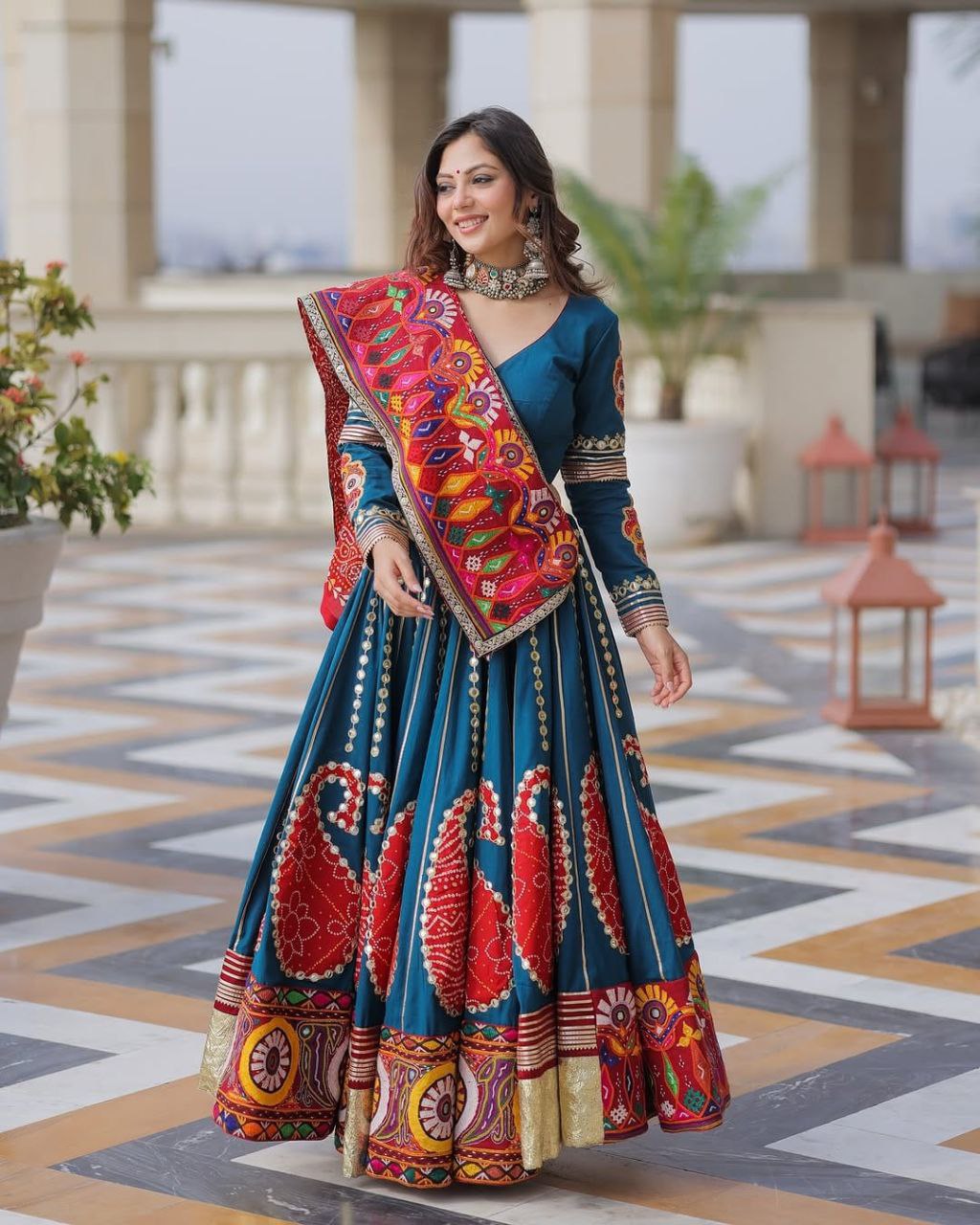 Blue Digital Print Real Mirror Work Navratri Lehenga Choli