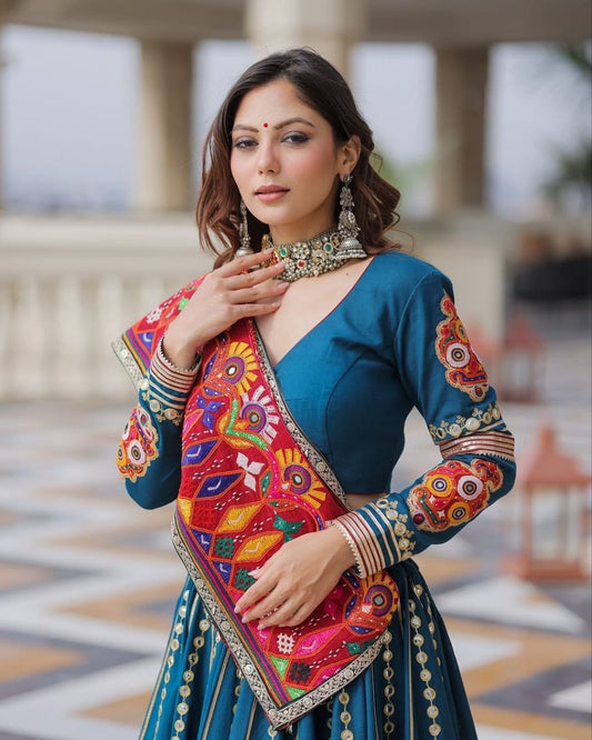 Blue Digital Print Real Mirror Work Navratri Lehenga Choli