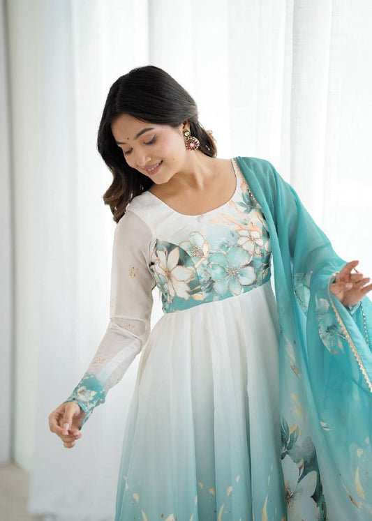 Aqua Blue Organja Silk Flower Position Print Outing Work Salwar Suit