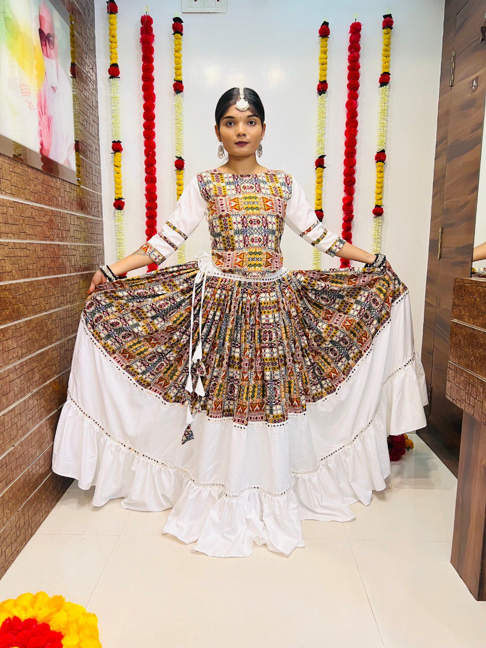 White Pure Reyon Silk Printed With Mirror Lace Work Navratri Lehenga Choli