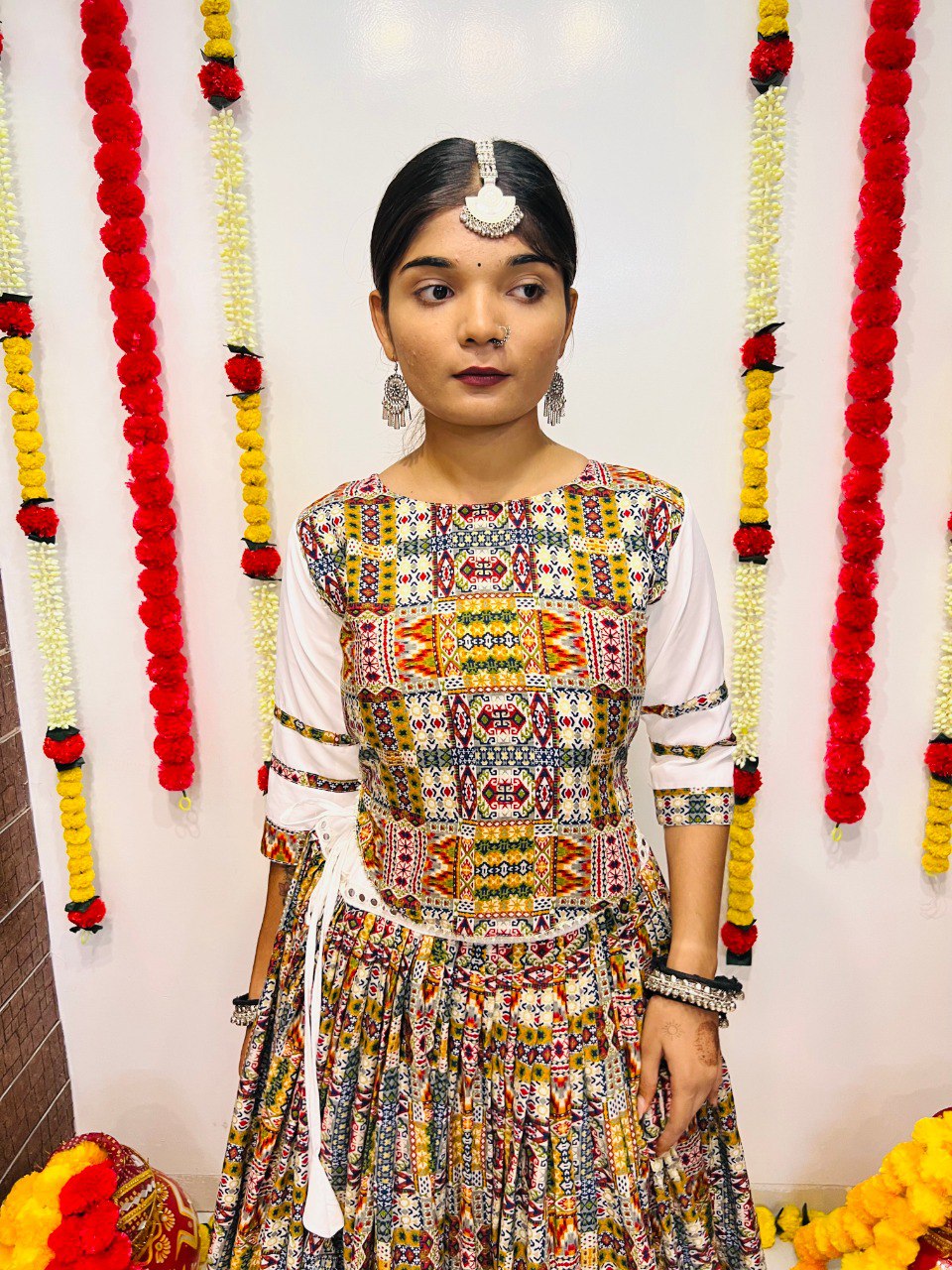 White Pure Reyon Silk Printed With Mirror Lace Work Navratri Lehenga Choli