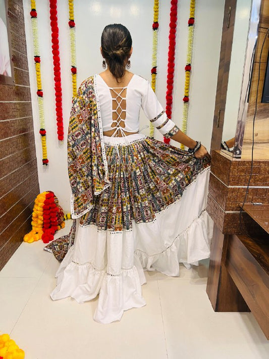 White Pure Reyon Silk Printed With Mirror Lace Work Navratri Lehenga Choli