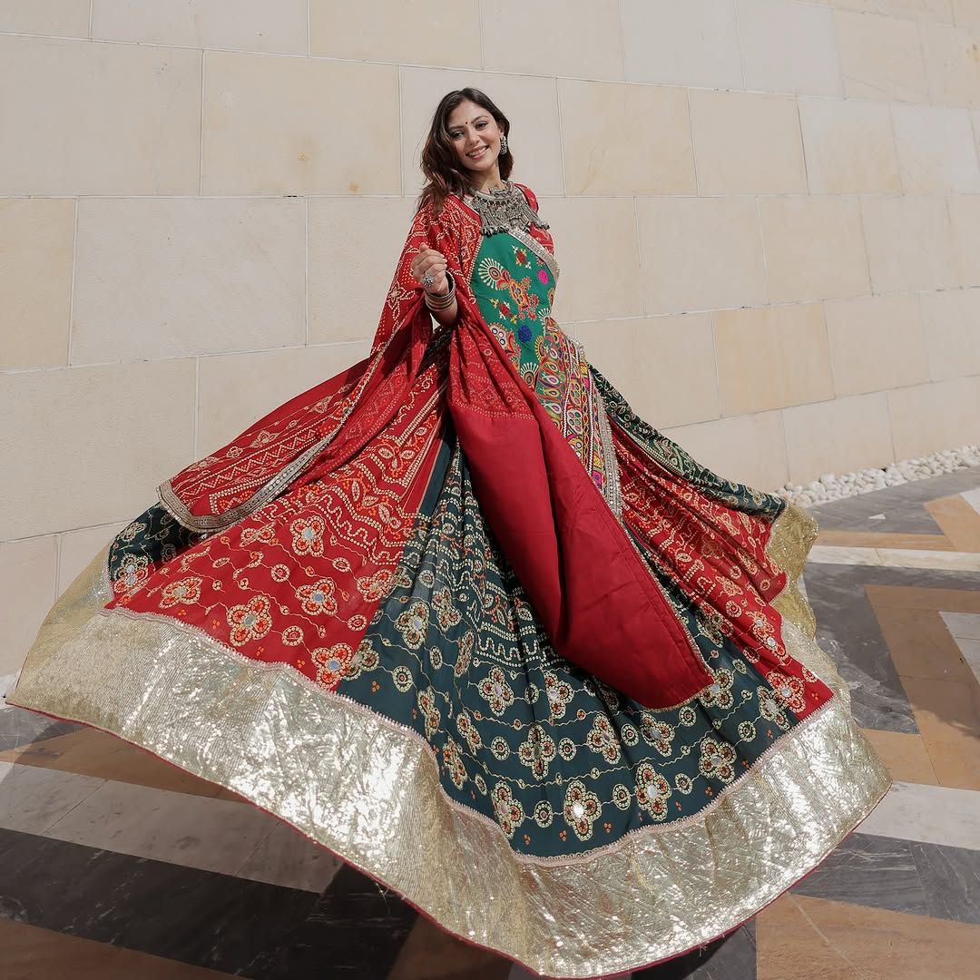 Red Multicolor Digital Print Real Mirror Work Navratri Lehenga Choli