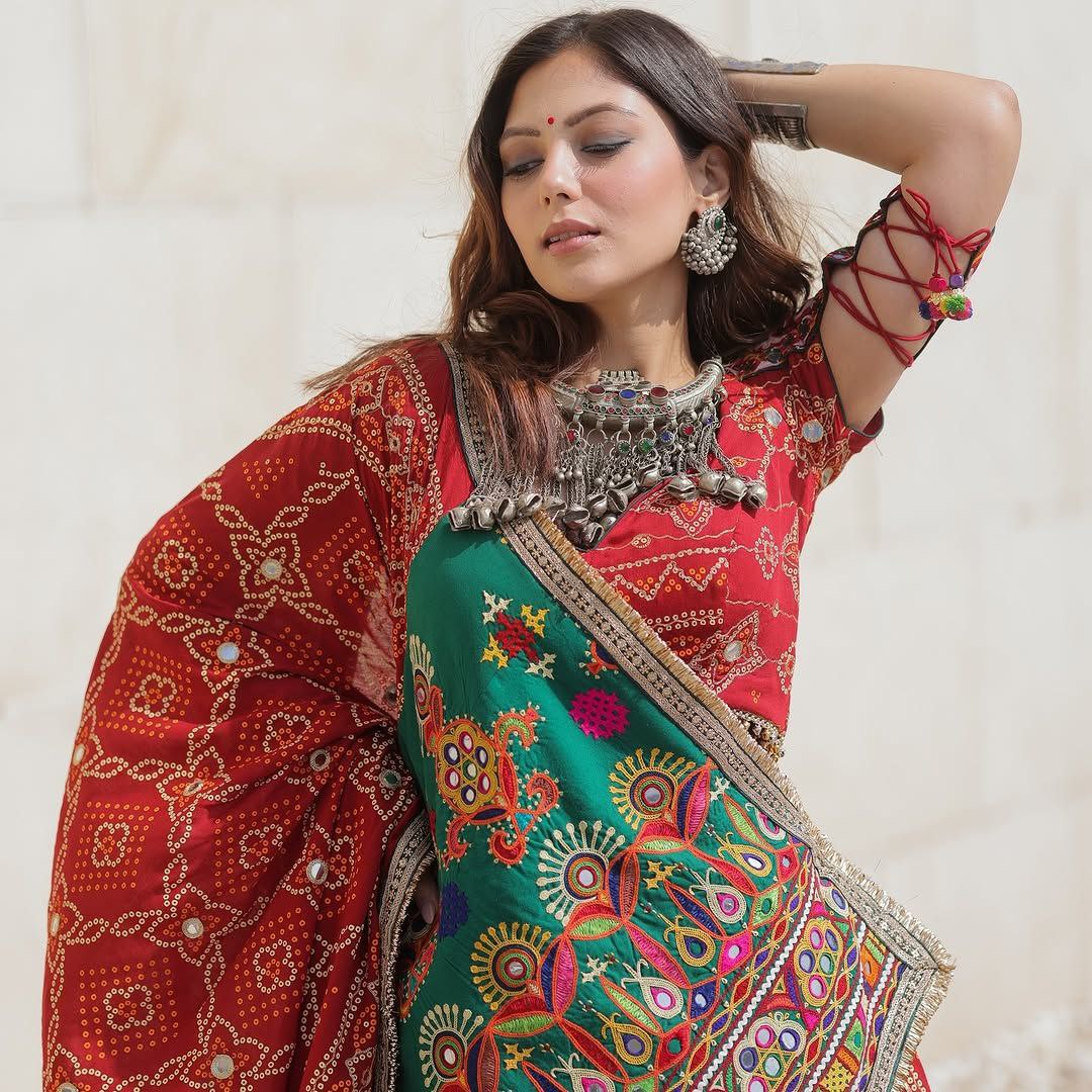 Red Multicolor Digital Print Real Mirror Work Navratri Lehenga Choli