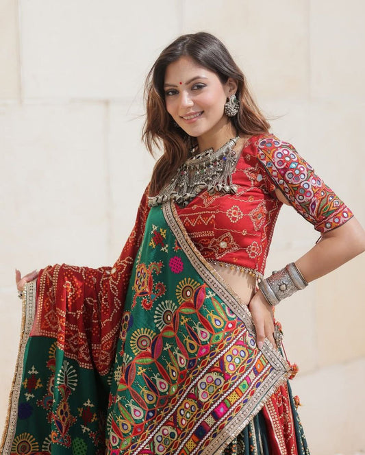Red Multicolor Digital Print Real Mirror Work Navratri Lehenga Choli
