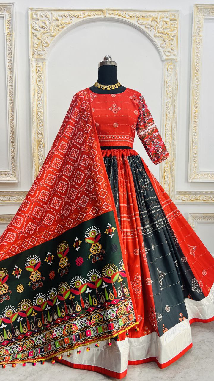 Red Multicolor Digital Print Real Mirror Work Navratri Lehenga Choli