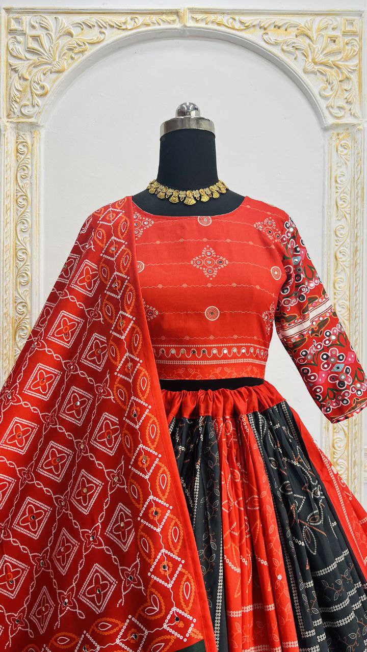 Red Multicolor Digital Print Real Mirror Work Navratri Lehenga Choli