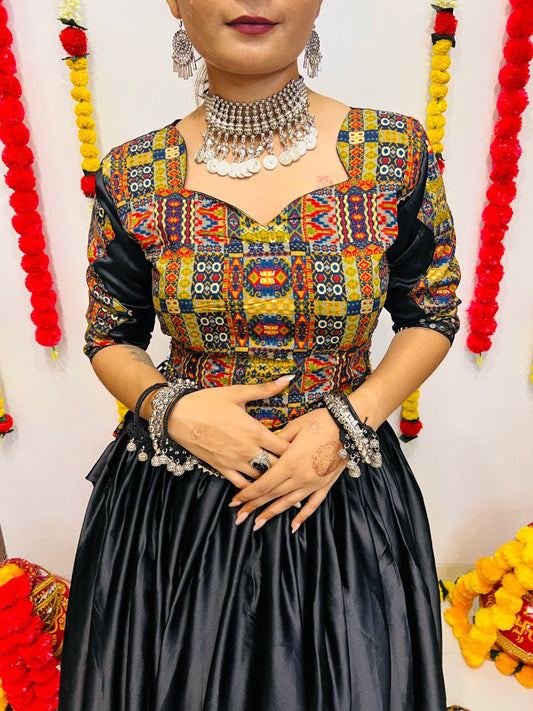 Black Pure Reyon Silk Printed With Mirror Lace Work Navratri Lehenga Choli