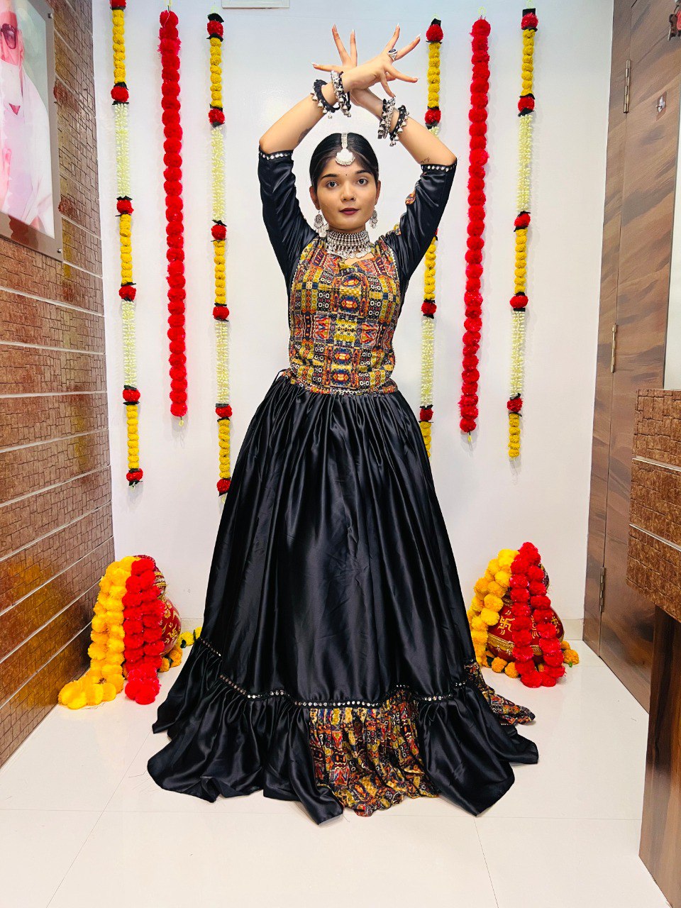 Black Pure Reyon Silk Printed With Mirror Lace Work Navratri Lehenga Choli