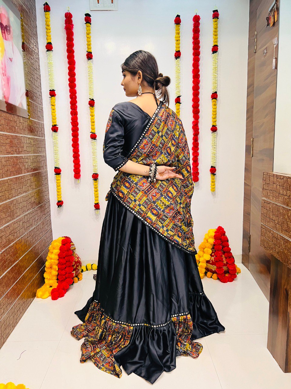 Black Pure Reyon Silk Printed With Mirror Lace Work Navratri Lehenga Choli