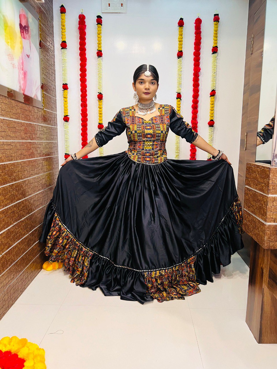 Black Pure Reyon Silk Printed With Mirror Lace Work Navratri Lehenga Choli