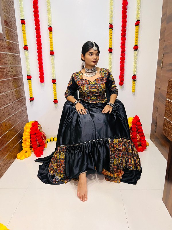 Black Pure Reyon Silk Printed With Mirror Lace Work Navratri Lehenga Choli
