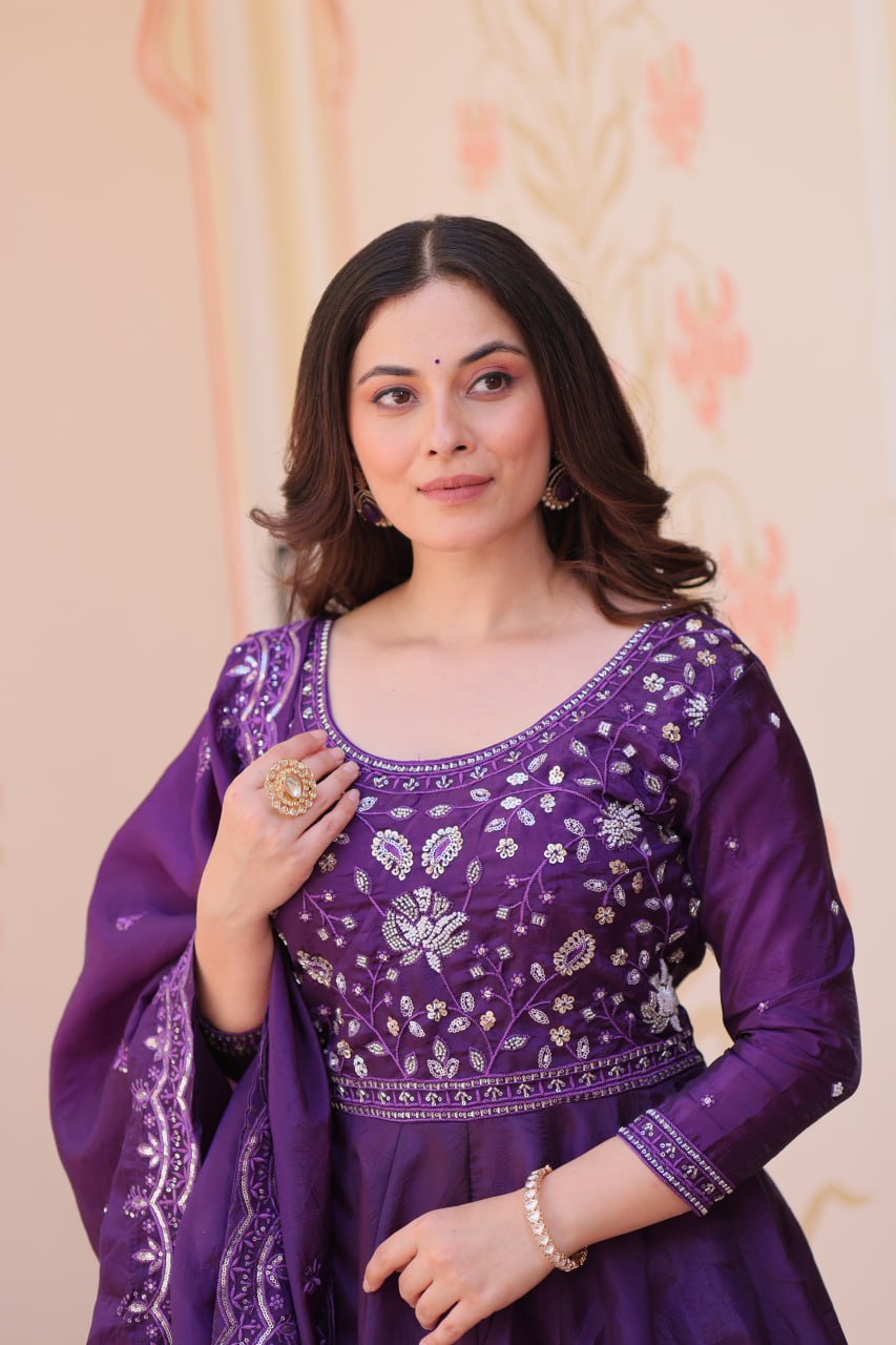 Purple Gold Crush Beads Embroidered Gown – Designer Festive Party Wear Gown