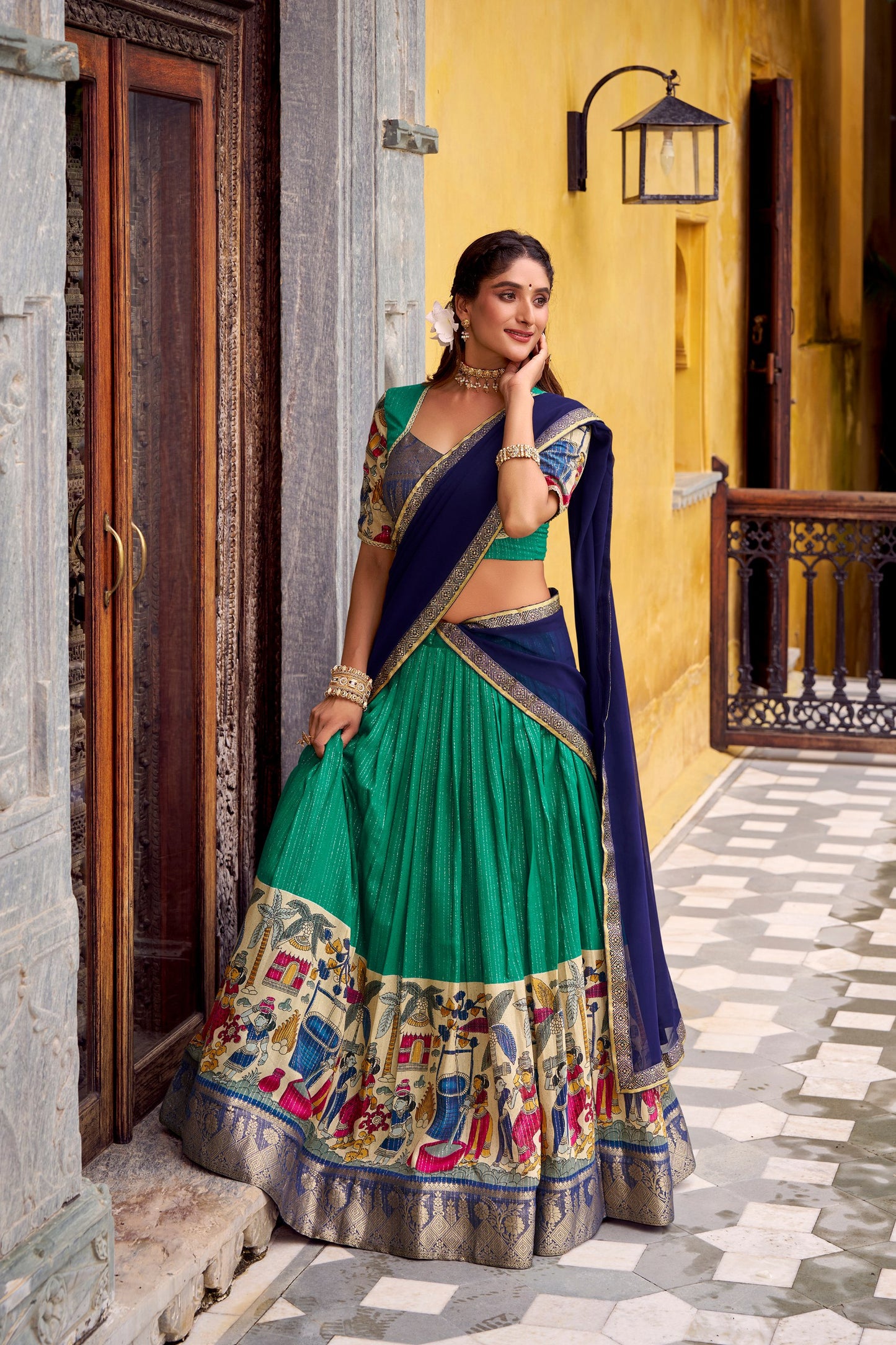 Bee Green Kalamkari Printed With Zari Weaving Work Lehenga Choli
