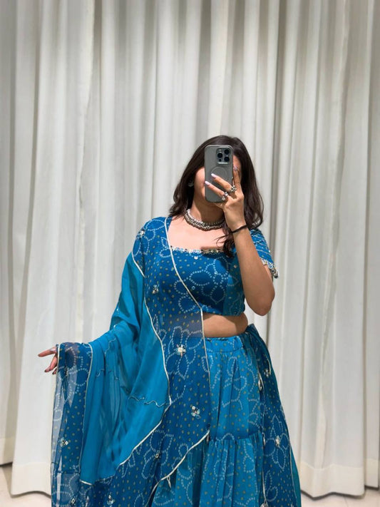Blue Printed Georgette Real Mirror Work Navratri Lehenga Choli