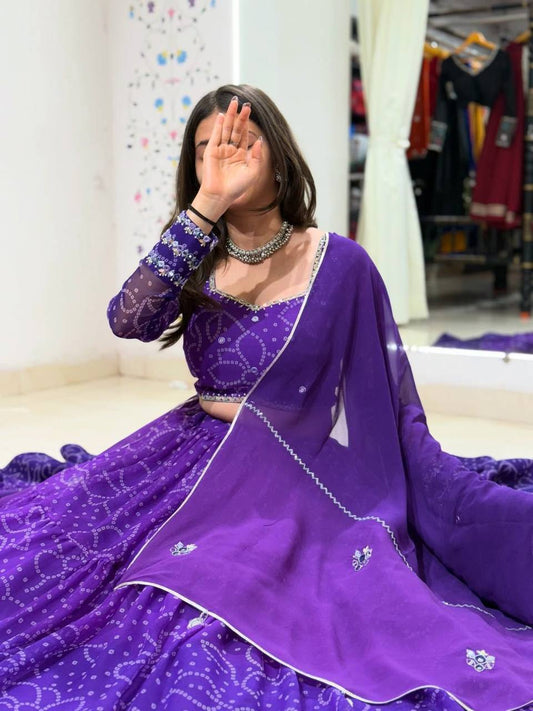 Purple Printed Georgette Real Mirror Work Navratri Lehenga Choli
