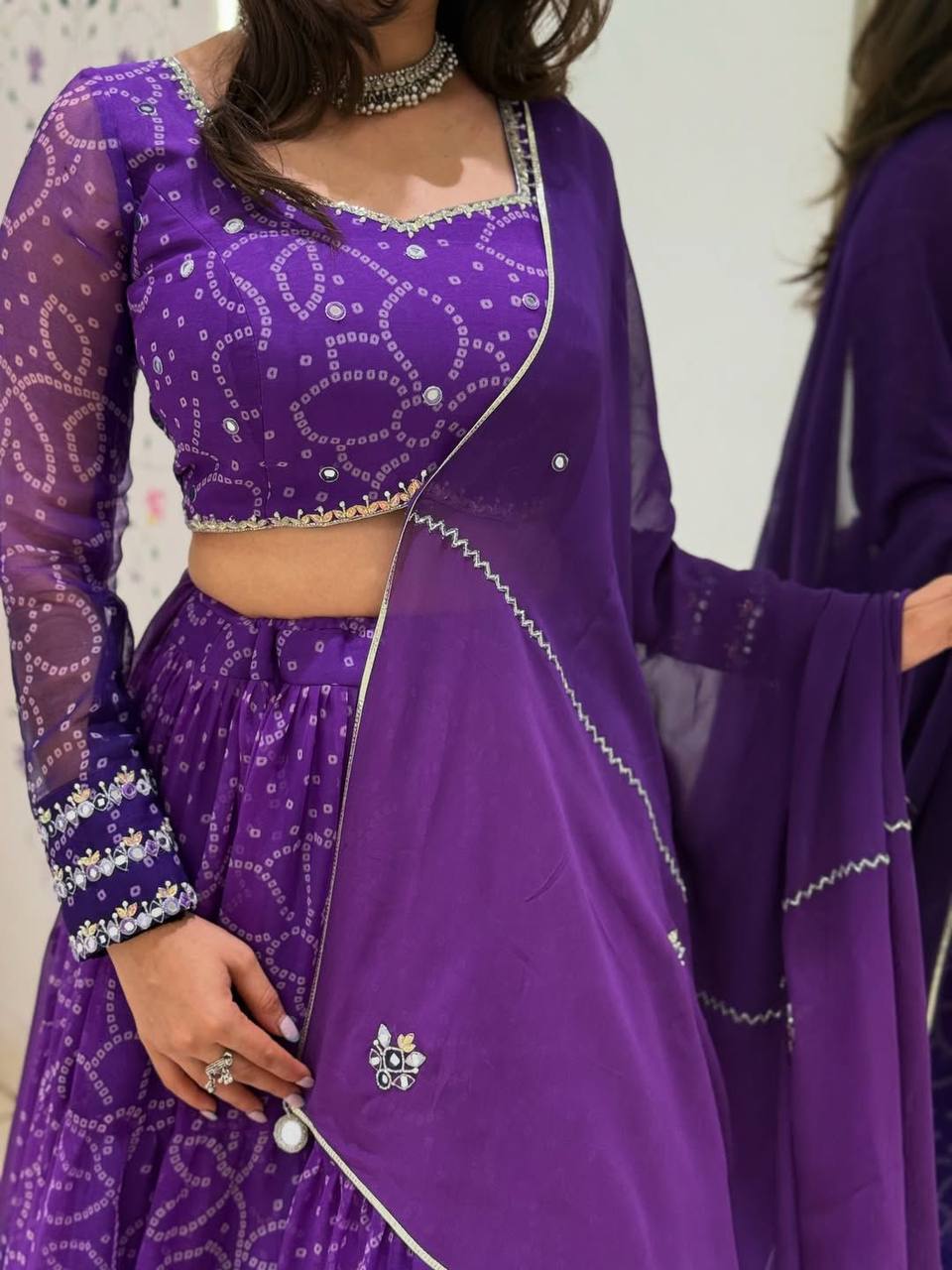 Purple Printed Georgette Real Mirror Work Navratri Lehenga Choli