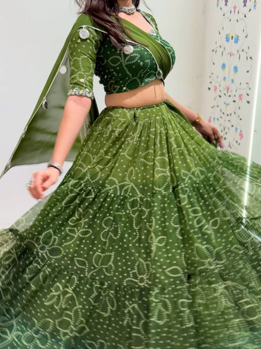 Green Printed Georgette Real Mirror Work Navratri Lehenga Choli